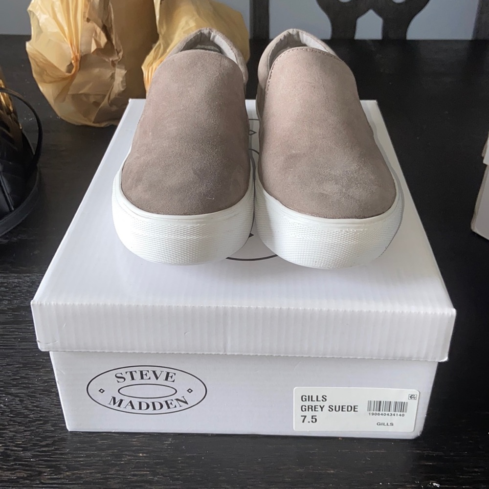 Gray suede Steve Madden slip ons